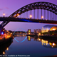 Buy canvas prints of Gateshead Millennium Bridge, Tyne Bridge and Sage reflected in River Tyne, Newcastle UK reflection river, water lights  dusk evening by Geraint Tellem ARPS