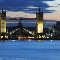 Buy canvas prints of Tower Bridge being raised at dusk  by Geraint Tellem ARPS