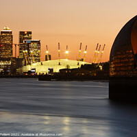 Buy canvas prints of Thames Barrier, O2 and Canary Wharf at twilight, London, UK by Geraint Tellem ARPS
