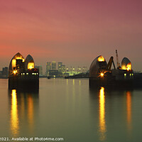 Buy canvas prints of Thames Flood Barrier and Canary Wharf at dusk, London, England, UK by Geraint Tellem ARPS