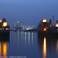 Buy canvas prints of Thames Flood Barrier and Canary Wharf at dusk, London, England, UK by Geraint Tellem ARPS