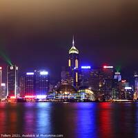 Buy canvas prints of Hong Kong Island, Victoria Harbour waterfront including Hong Kong Convention and Exhibition Centre, and Central Plaza during A Symphony of Lights display. by Geraint Tellem ARPS