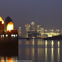 Buy canvas prints of Thames Flood Barrier, O2 Building and Canary Wharf, London, England, UK by Geraint Tellem ARPS