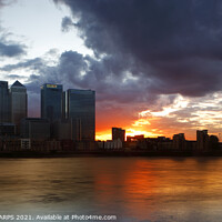 Buy canvas prints of Midsummer sunset over Canary Wharf from Greenwich Peninsula, London, England, UK by Geraint Tellem ARPS