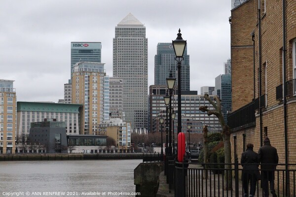Canary Wharf from Thames Walkway London England Picture Board by ANN RENFREW
