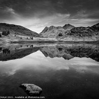 Buy canvas prints of Blea tarn with the langdale mountain range reflection 503 black and white,  by PHILIP CHALK
