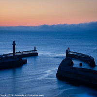 Buy canvas prints of Whitby pier sunset 541 blue golden hour  by PHILIP CHALK
