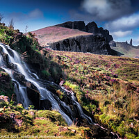 Buy canvas prints of Brides veil falls with the Old Man of Storr in the background 80 by PHILIP CHALK