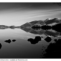 Buy canvas prints of Derwent water looking towards Keswick  in monochrome (black and white)  by PHILIP CHALK
