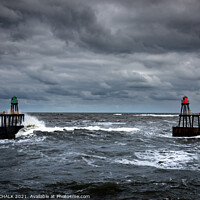 Buy canvas prints of Twin Whitby piers on a stormy seas 474 by PHILIP CHALK