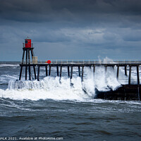 Buy canvas prints of crashing waves on Whitby pier on the Yorkshire east coast 477 by PHILIP CHALK