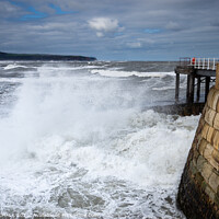 Buy canvas prints of Whitby west pier with waves crashing through the gap 480  by PHILIP CHALK