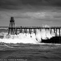 Buy canvas prints of black and white picture of stormy seas at the entrance to Whitby harbour 488.  by PHILIP CHALK
