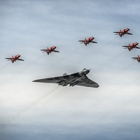 Buy canvas prints of Vulcan XH558 and The Red Arrows by Jeni Harney