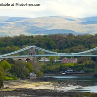 Buy canvas prints of Menai Suspension Bridge and hills by Mark Chesters