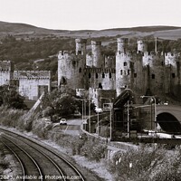 Buy canvas prints of Conwy Castle and railway line  Black and White by Mark Chesters