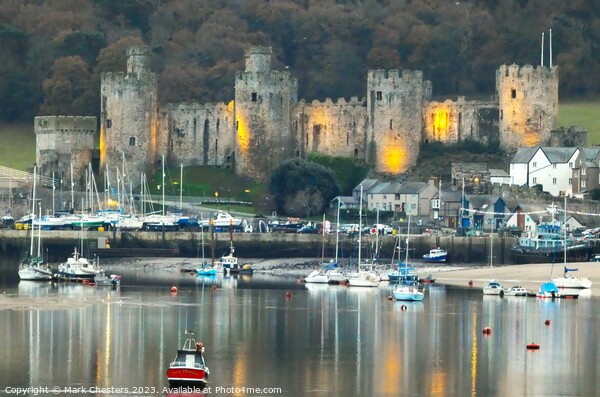 Conwy Castle and boats at dusk Picture Board by Mark Chesters