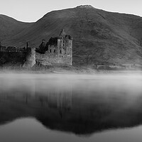 Buy canvas prints of Misty Kilchurn Castle black and white  by Anthony McGeever