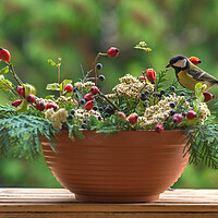 Buy canvas prints of Great tit sitting on a rose hip branch in a winter themed flower bouquet. by Andrea Obzerova