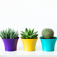 Buy canvas prints of Various cactus and succulent plants in bright colorful flower pots. by Andrea Obzerova