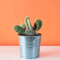 Buy canvas prints of Cactus plant in metal pot against orange colored wall. by Andrea Obzerova