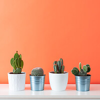 Buy canvas prints of Collection of various cactus plants on white shelf. by Andrea Obzerova