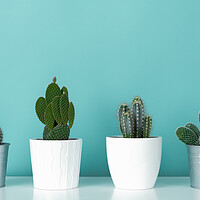 Buy canvas prints of Collection of various potted cactus and succulent plants against turquoise wall.  by Andrea Obzerova