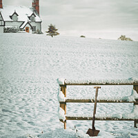 Buy canvas prints of Snow Covered Fence With Shovel by Amanda Elwell