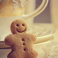 Buy canvas prints of Gingerbread Man With Antique Cups by Amanda Elwell