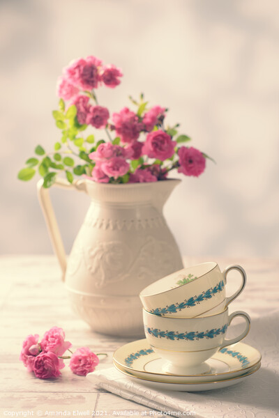 Vintage Teacups With Roses Picture Board by Amanda Elwell