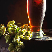 Buy canvas prints of Beer & Hops On Barrel by Amanda Elwell