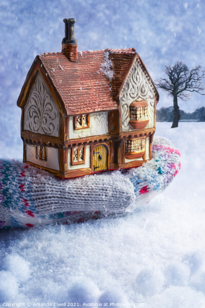 Winter Cottage In Gloved Hand Picture Board by Amanda Elwell