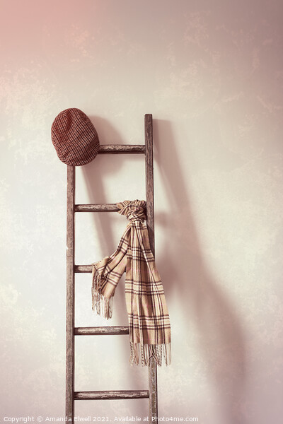 Flat Cap & Scarf On Rustic Ladder Picture Board by Amanda Elwell