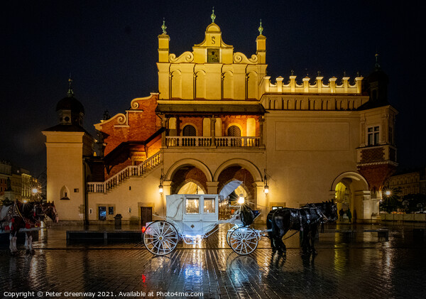 White Horse Drawn Carriages In The Old Town Square, Krakow, Poland Picture Board by Peter Greenway