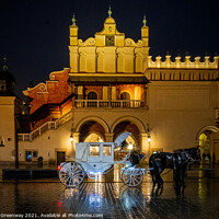 Buy canvas prints of White Horse Drawn Carriages In The Old Town Square, Krakow, Poland by Peter Greenway