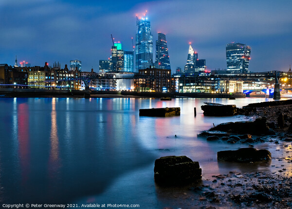 London Skyline from River Thames Shore at Nighttime Picture Board by Peter Greenway