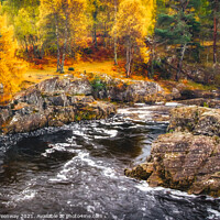 Buy canvas prints of Little Garve Woodlands and river at Autumn, The Sc by Peter Greenway