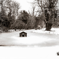 Buy canvas prints of Frozen Village Duckpond & Duckhouse In Bucknell, O by Peter Greenway