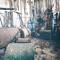 Buy canvas prints of Vintage Hand Powered Lawn Rollers in Garden Shed by Peter Greenway