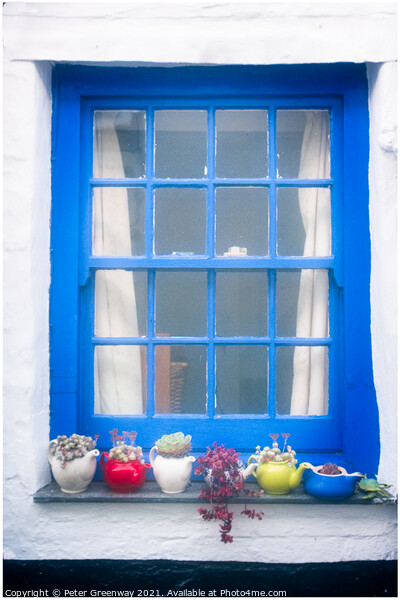 Seaside Cottage Blue Window Complete With Teapot Vases Picture Board by Peter Greenway