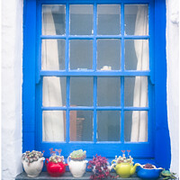 Buy canvas prints of Seaside Cottage Blue Window Complete With Teapot Vases by Peter Greenway