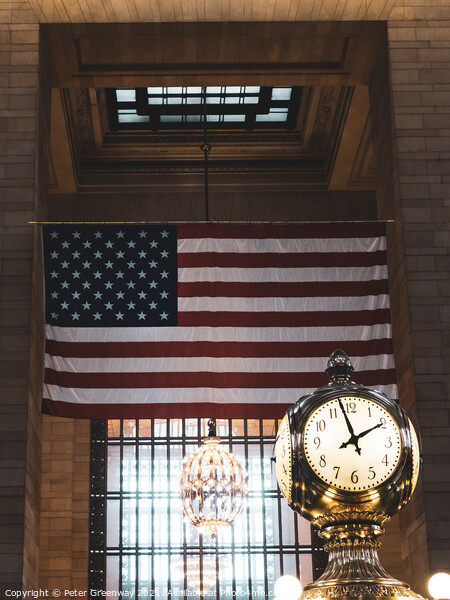 Grand Central Station in New York City - Iconic Clock and USA Flag Picture Board by Peter Greenway