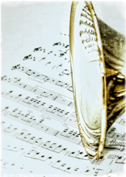 Trumpet Instrument close up on Sheet Music Picture Board by Peter Greenway