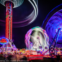 Buy canvas prints of Witney Feast - 'Sky Flyer', 'Cage Rocker' and 'Air' Fairground Rides by Peter Greenway