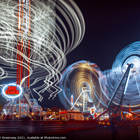 Buy canvas prints of Witney Feast - 'Sky Flyer', 'Cage Rocker' and 'Air' Fairground Rides by Peter Greenway