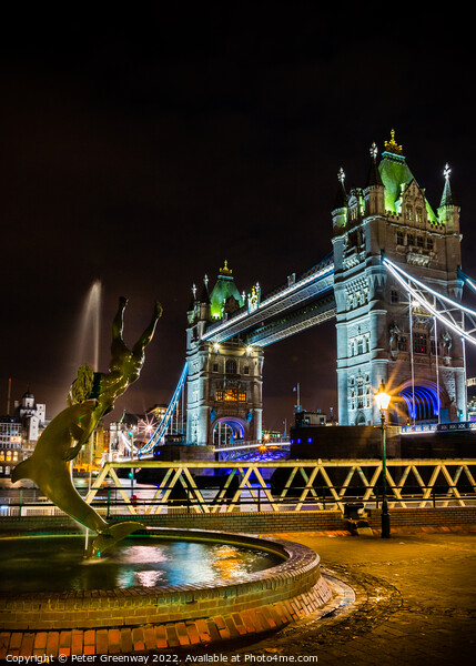 'Boy With A Dolphin' Fountain & Tower Bridge, London At Night Picture Board by Peter Greenway