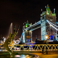 Buy canvas prints of 'Boy With A Dolphin' Fountain & Tower Bridge, London At Night by Peter Greenway