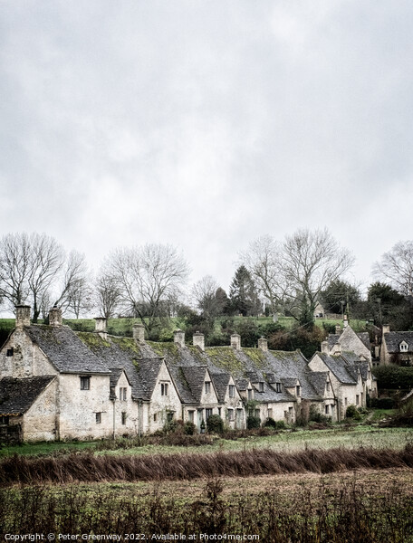 A View Of A Row of Historic Quintessential Cotswold Cottages In Bibury Picture Board by Peter Greenway