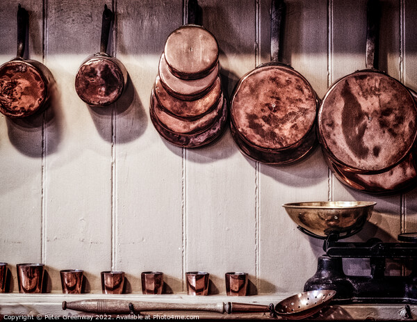 Vintage English Copper Cooking Pots & Pans Hung Up In A Kitchen Picture Board by Peter Greenway