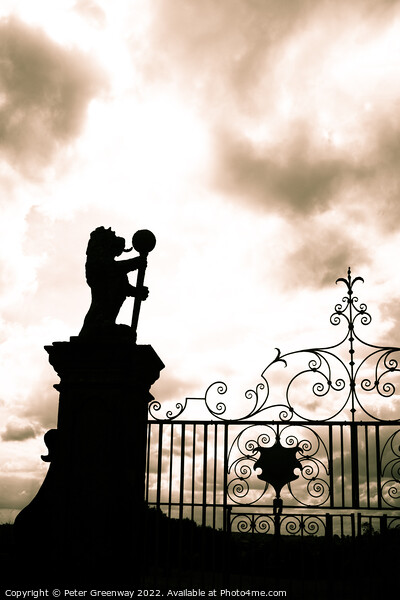Wraught Iron Garden Gates With A Lion On A Column Picture Board by Peter Greenway